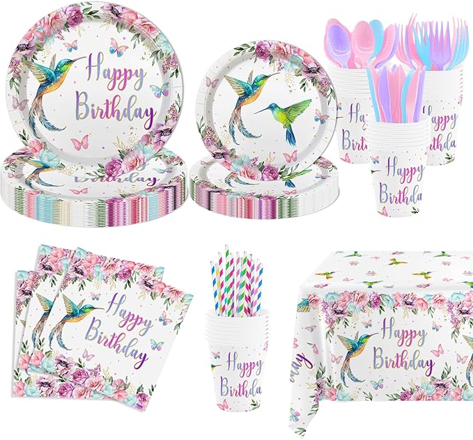 MEHOFOND Hummingbird Birthday Party Decorations, Bird Party Supplies, Spring Floral Watercolor Disposable Tableware Set 193Pcs Plates Napkins Plastic Tablecloth for Birthday Party