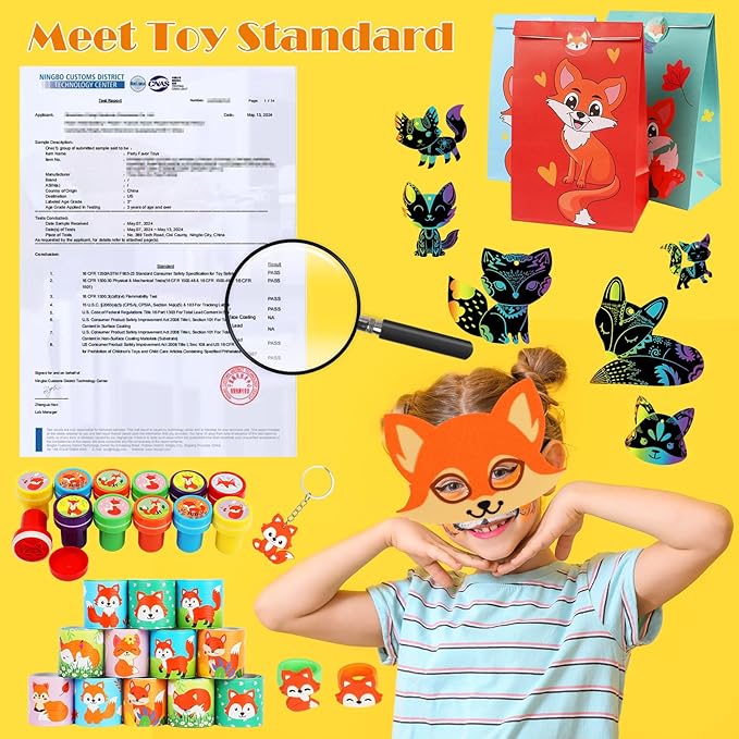 Fox Party Favors, 132PCS Fox Themed Birthday Party Supplies, Fox Gifts Goodie Bag Stuffers Stickers Stamps Toys Pinata Prizes for Jungle Safari Party Woodland Creatures Fox Birthday Party Decorations