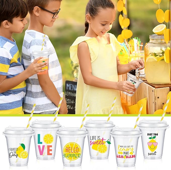 Boao 36 Sets Lemon Plastic Cups with Lids and Paper Straws 14 oz Yellow Lemon Birthday Party Supplies Beverage Drinking Cups Bulk for Summer Citrus Fruit Party Birthday Baby Shower
