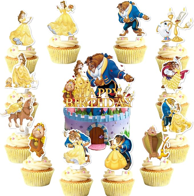 25Pcs Beauty and the Beast Birthday Party Supplies Pack Includes 1 Cake Topper 24 Cupcake Toppers for Beauty and the Beast Party Supplies