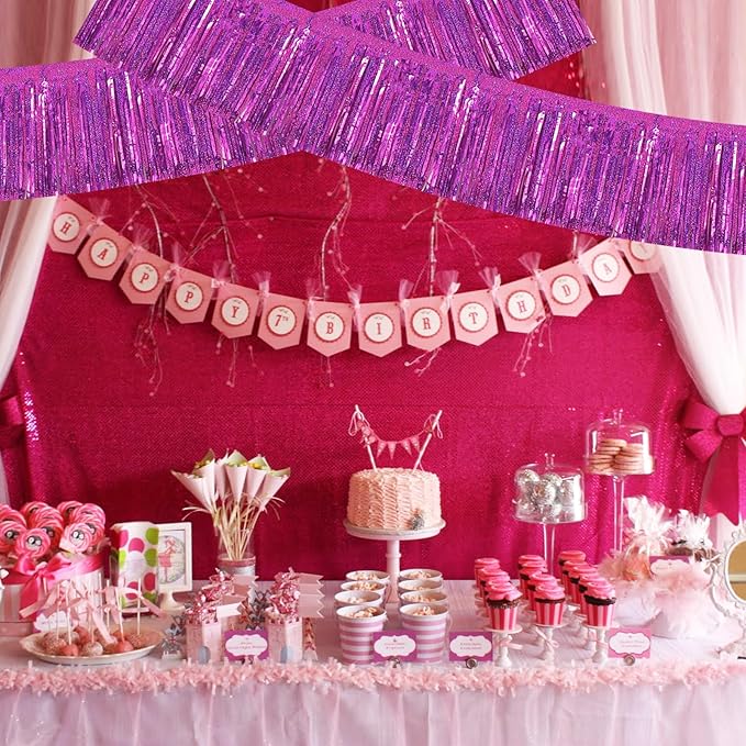 BEISHIDA 3 Packs Metallic Foil Fringe Garland Laser Rose Red Wall Hanging Tinsel Fringe Banners for Car Floats Bridal Shower Wedding Birthday Valentine's Day Anniversary Party Decoration(30 Feet)