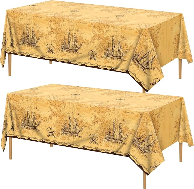 durony 2 Pack Pirate Party Tablecloth Plastic Treasure Map Tablecover Disposable Pirate Table Covers Nautical Party Supplies for Treasure Theme Birthday Decorations