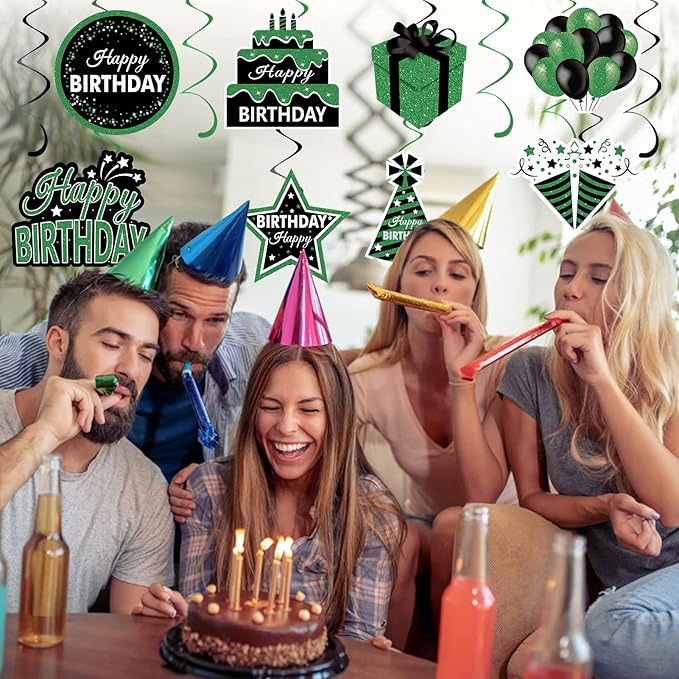 Green Birthday Hanging Swirls Decorations for Women Men, 16Pcs Black and Green Happy Birthday Foil Swirls Party Supplies, 10th 16th 18th 21st 30th 40th 50th 60th Bday Theme Swirls Ceiling Decor