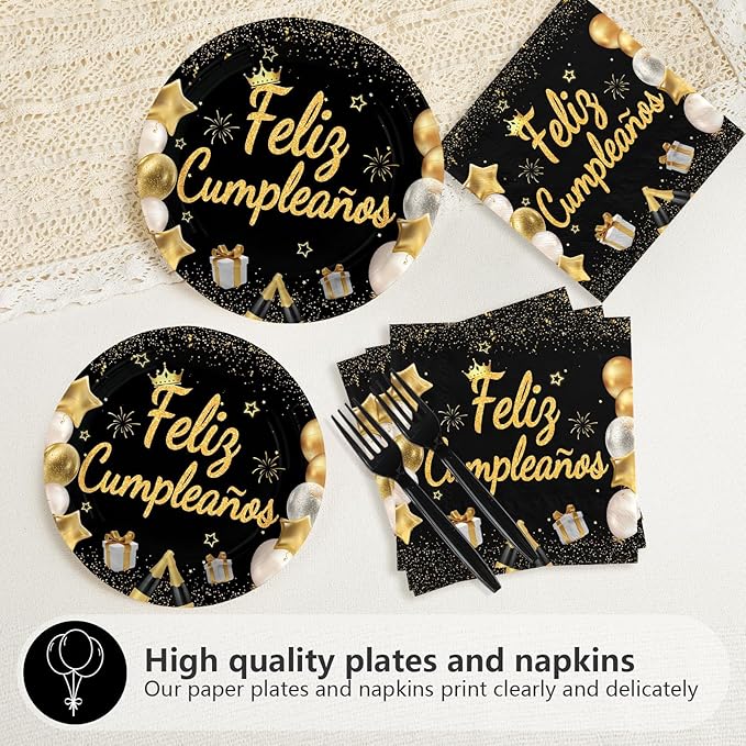 96Pcs Feliz Cumpleaños Decoration Black and Gold Plates and Napkins Mexican Fiesta Happy Birthday Tableware Set for Men Women Spanish Black and Gold Birthday Party Supplies, Serves 24