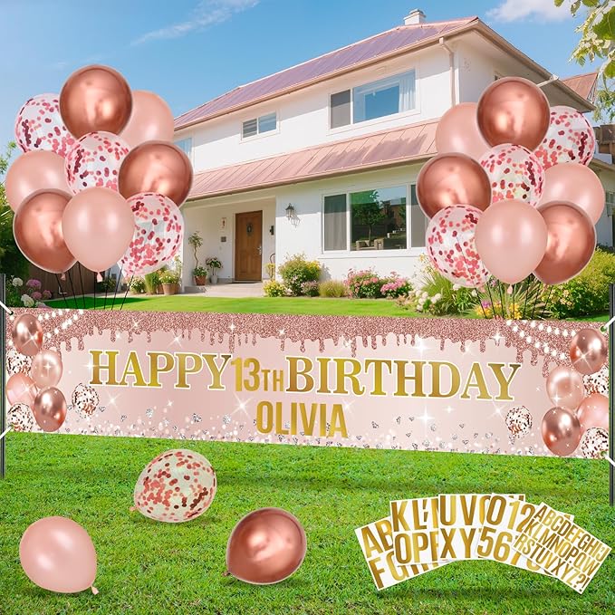 Rose Gold Birthday Decorations Banner with Personalized Letter Stickers and Balloons DIY Rose Gold Happy Birthday Yard Banner Custom Bday Sign for Girls Women Bday Party Supplies Outdoor