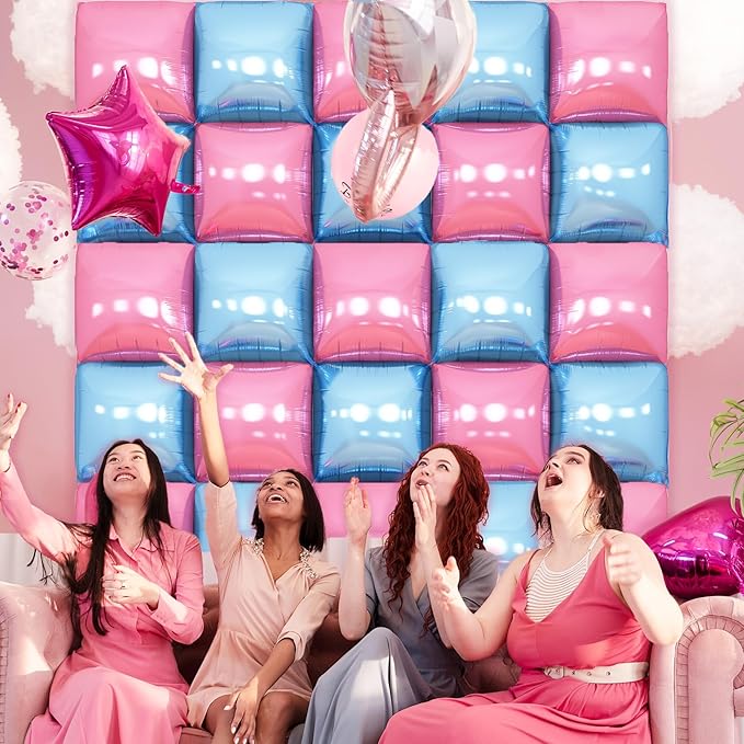 Pink Blue Square Foil Balloon Wall,25Pcs Double Sided Foil Balloons Backdrop Helium Polyester Tunnel Arch Garland Kit for Birthday Gender Reveal Anniversary Baby Shower Party Decorations