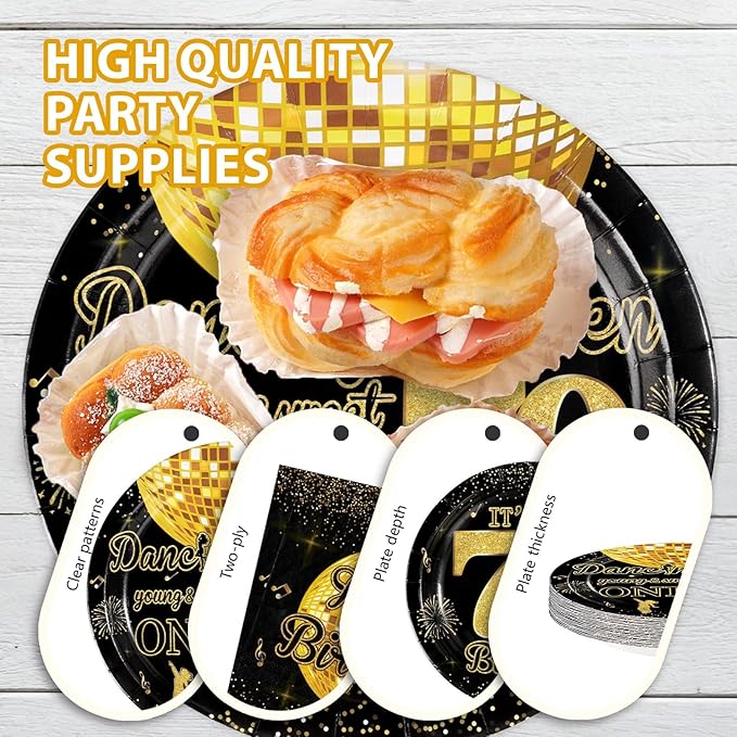 96Pcs Happy 70th Birthday Party Supplies Dancing Queen Young and Sweet Only 70 Plates and Napkins Disco Black Gold Tableware Set for Queen Women Cheers to 70 Years Party Supplies, Serves 24