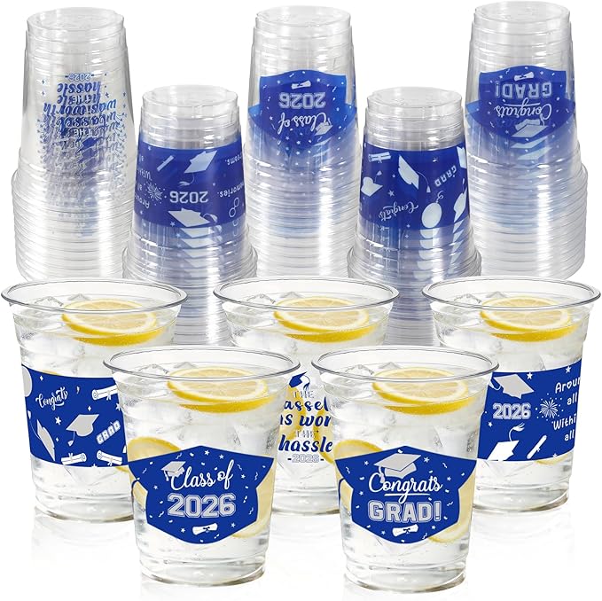 GuassLee Blue Silver Graduation Decorations 2026 Party Cups - 50pcs 12 Oz Blue and Silver Disposable Graduation Plastic Clear Cups for Drinks Class of 2026 Grad Party Supplies