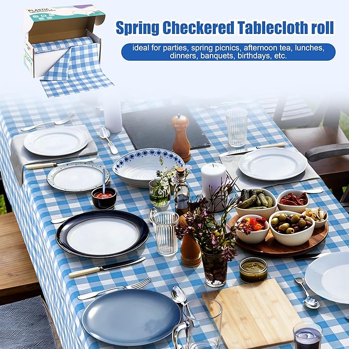 Kochorie 54 Inch x 300 Ft Light Blue Checkered Plastic Table Cloth Roll Disposable Waterproof Table Cover Plastic Table Cover Roll with Easy Slide Cutter for Outdoor Picnic/Home Dining/Spring Party