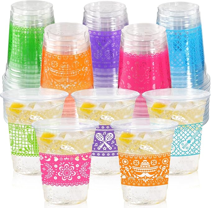 100 Pack Fiesta Plastic Cups, Mexican Papel Picado Disposable Clear Cups with 5 Pattern Designs for Cinco de Mayo, Taco Theme Birthday Party Decorations, 12OZ