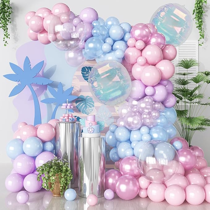 Pink Blue Purple Balloons Arch Kit Iridesent Balloons Clear Balloon Pastel Pearl Pink Purple Lavender Blue Balloon Garland for Girl Gender Reveal Hawaii Birthday Baby Shower Mermaid Party Decor