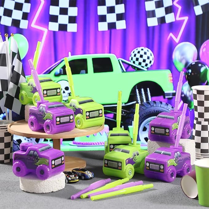 Tanlade 24 Set Green and Purple Monster Truck Road Cups with Straws, Plastic Vehicle off Road Drink Cup Reusable Truck Cups Bulk Race Car Birthday Party Favor Supplies for Racing Party Supplies