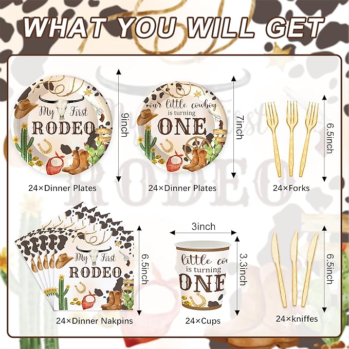 120PCS My First Rodeo Party Supplies Wild West Dinnerware Party Decorations for Boys Kids 1st Birthday Western Cowboy Themed Party Paper Plates Napkins Forks Serves 20 Guests