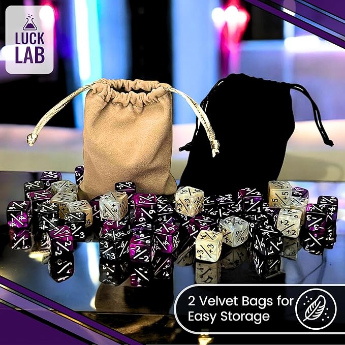 Luck Lab MTG Magic Life Counter Dice, 48 PCS - Compatible w/Magic Card Game Accessories, CCG Creature Stats w/ 2 Dice Bags (Purple Pearl, Purple Swirl, White Pearl, Black Pearl)