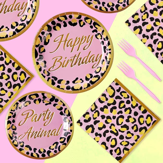 Grencian 96Pcs Cheetah Birthday Party Decorations Pink Leopard Plates and Napkins Cheetah Print Tableware for Women Girls Jungle Safari Animal Leopard Birthday Baby Shower Party Supplies, Serves 24
