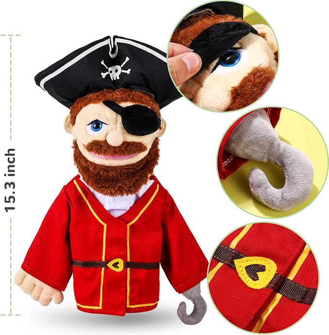 Role Play Hand Puppets Hand Plush Chef Doctor Fireman Pirate Detective Athlete Nurse Worker Hand Puppet Toys Puppets for Kids Storytelling Imaginative Pretend Play Teaching Preschool(Pirate)