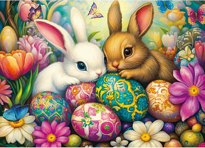Puzzles for Adults 1000 Pieces, Jigsaw Puzzle for Adults, Fun Challenging Puzzle, Bunny Duo Eggstravaganza Puzzles Game, Interlock Perfectly No Dust, Gifts for Easter Mother’s Day