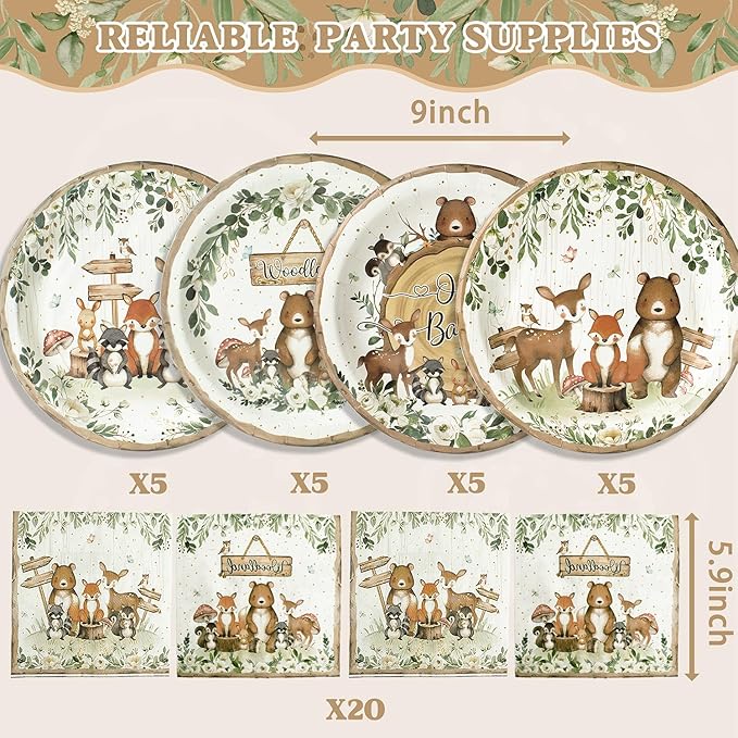40 Pcs Woodland Plates and Napkins Tableware Sets for Woodland Baby Shower Party Supplies, Safari Jungle Animal Party Decorations Which Can Serve 20