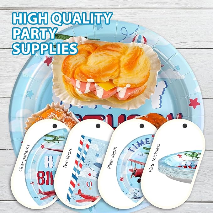 96Pcs Airplane Birthday Party Decorations Red & Blue Airplane Aircraft Plates and Napkins Tableware Set How Time Flies Birthday Decorations for Boys Baby Shower Pilot Plane Party Supplies Serve 24