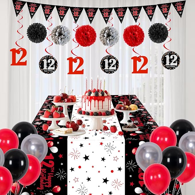 12th Birthday Decorations for Boys Girls, Red Black Happy 12th Birthday Decorations, 12 Birthday Backdrop Banner Tablecloth Triangle Flag Balloons, 12 Year Old Boy Girl Bday Party Supplies