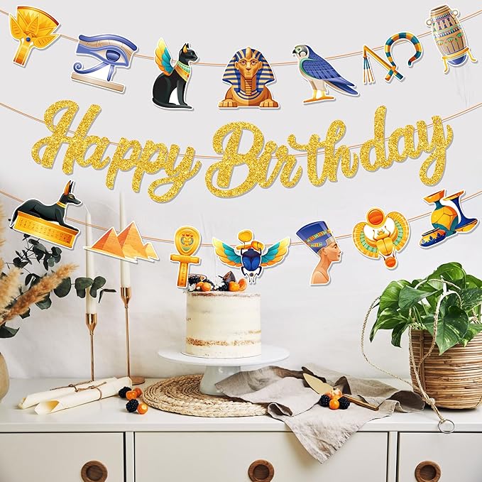 CC HOME 3Pcs Ancient Egyptian Happy Birthday Banner Pharaoh Party Hanging Banner Mythology Theme Birthday Bridal Wedding Baby Shower Boys Girls Kids Home Classroom Party Supplies Decoration