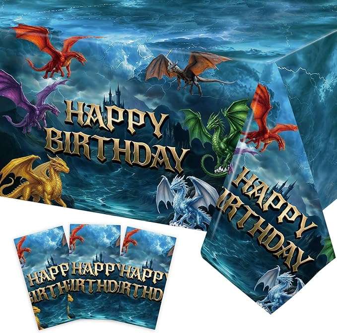 3pcs Dragon Birthday Party Decorations Tablecloth, Large Size 54 X 108 Inch Dragon Party Table Cloth for Dragon Themed Decor