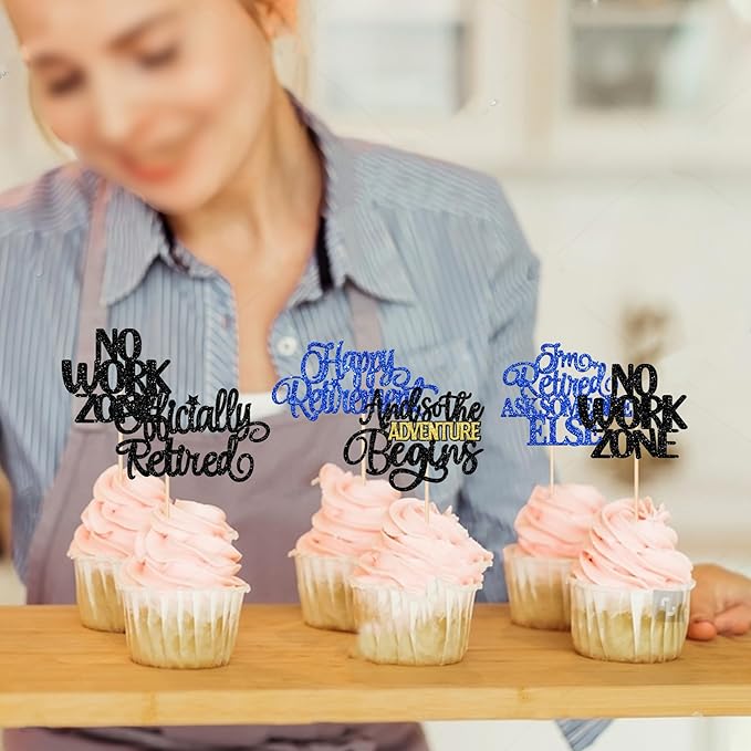 30 PCS Happy Retirement Cupcake Toppers Officially Retired Cupcake Picks No Work Zone Adventure Begins Cake Decorations for Retirement Theme Farewell Birthday Party Supplies Black Blue