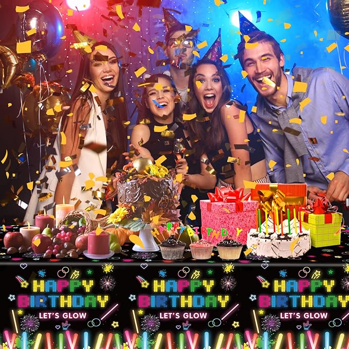 4 Pack Neon Glow Party Table Covers - 51x86 Inch Tablecloths, Glow in The Dark for Birthday Parties, Black Light Compatible