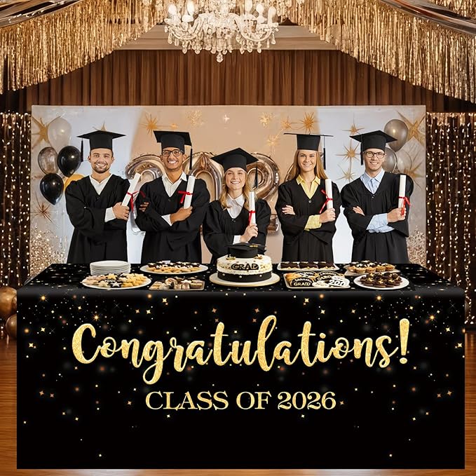 Oudain 6 ft Graduation Tablecloth Congratulations Class of 2026 Party Decorations 72 x 30 Inches Class of 2026 Table Cover Waterproof Washable Fabric Polyester Rectangle for Graduation Party Supplies