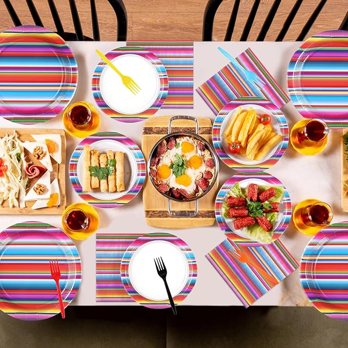 96 Pcs Mexican Fiesta Party Supplies Colorful Stripes Mexican Plates and Napkins Disposable Fiesta Tableware Set for Cinco De Mayo Dance Pinata Taco Carnival Mexican Theme Party Decorations Serves 24