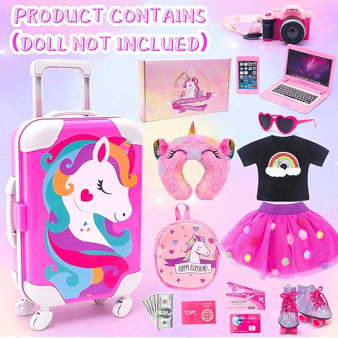 American 18 Inch Doll Accessories Travel Set Including Suitcase Luggage and Dress, Camera Computer Phone Neck Pillow Sunglasses Dolls Travel Gear Play Set Gift for Birthday (NO Doll)