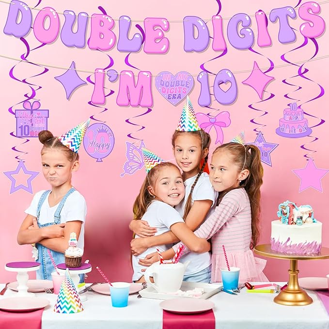 Pre-Strung 10th Birthday Decorations for Girls, NO DIY Double Digits I’M 10 Banner, Cheers to 10 Year Party Supplies, Hanging Swirls