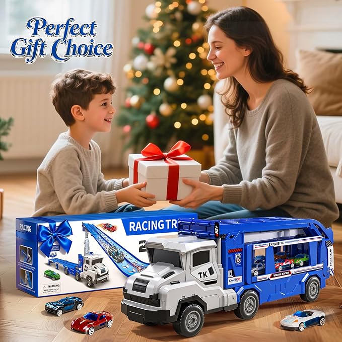 Truck Toys for Kids, Transport Vehicle with 12 Die-Cast Car, Double Race Car Track Cars Ramp Toy, Carrier Truck for Toddler 3-5, Christmas Birthday Gift for 3 4 5 6 7 8 Years Old Boys Girls