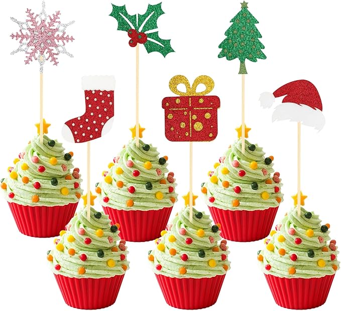 Christmas Cupcake Toppers Cake Decorations, 24 PCS Merry Christmas Cake Topper, Glitter Stockings Snowflake Xmas Tree Decorative Cupcakes Ficks Food Picks for Xmas Holiday Party Decoration Supplies