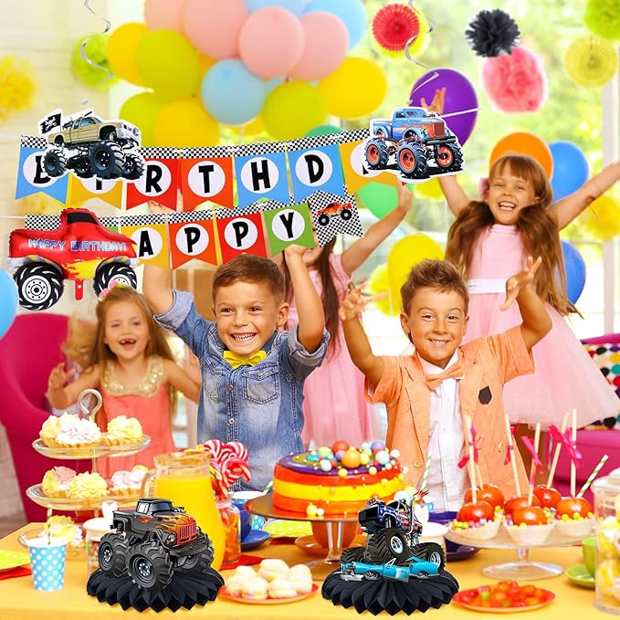 Skylety Monster Truck Birthday Party Supplies Truck Birthday Banner Triangle Bunting Hanging Swirls Multicolor Balloons Honeycomb Table Centerpieces Paper Fans