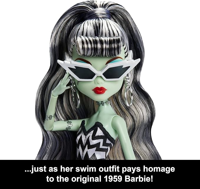 Monster High x Barbie Frankie Stein Doll with Original Barbie-Inspired Swimsuit and Solo in The Spotlight Black Evening Dress, Accessories