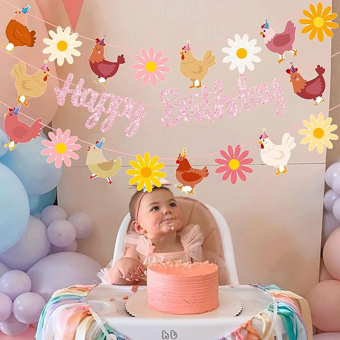 Chicken Themed Birthday Party Supplies Daisy Chicken Happy Birthday Banner Pink Glitter Floral Little Chick Party Decoration Hen Themed Cutout Banners for Girls Farm Animal Bday Baby Shower Supplies
