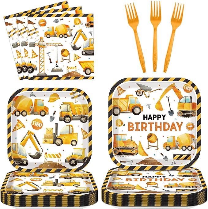 gisgfim Construction Birthday Party Supplies Construction Theme Decorations Square Truck Constructions Disposable Plates Napkins Tableware Set for Boys Kids Birthday Party Favors Serves 24 Guests