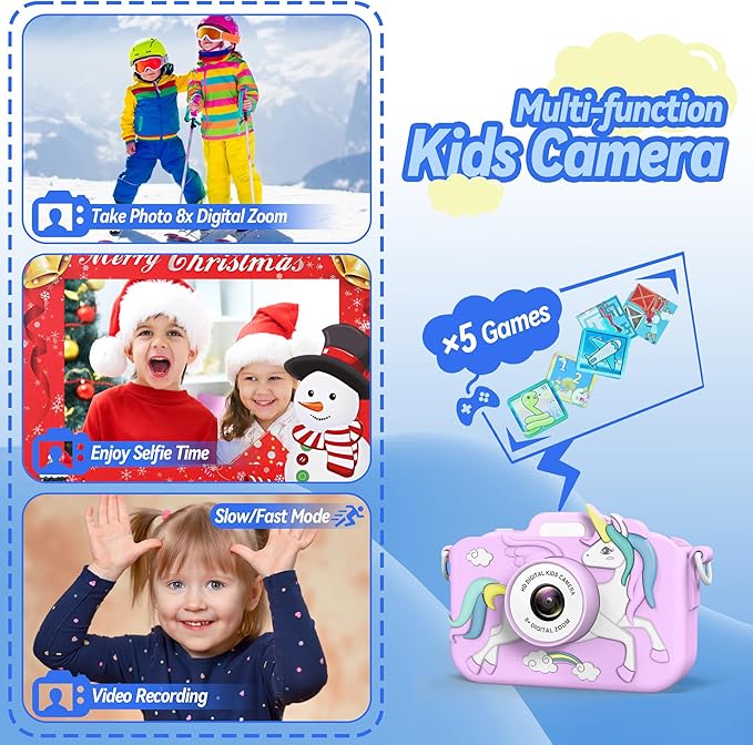 Kids Camera Toys for 3-8 Year Old Girls Boys, Children Digital Video Camcorder Camera with Cartoon Soft Cover, Chritmas Birthday Festival Gift for Kids - 32G SD Card and Card Reader (Purple)