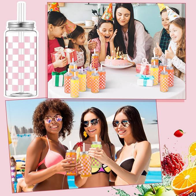 Patelai 12 Pack Light Pink Gingham Cups 13.5 oz Clear Pink Checkered Plastic Cups with Lid and Straw Reusable Plastic Plaid Tumbler for Baby Shower Wedding Birthday Bachelor Party Supplies