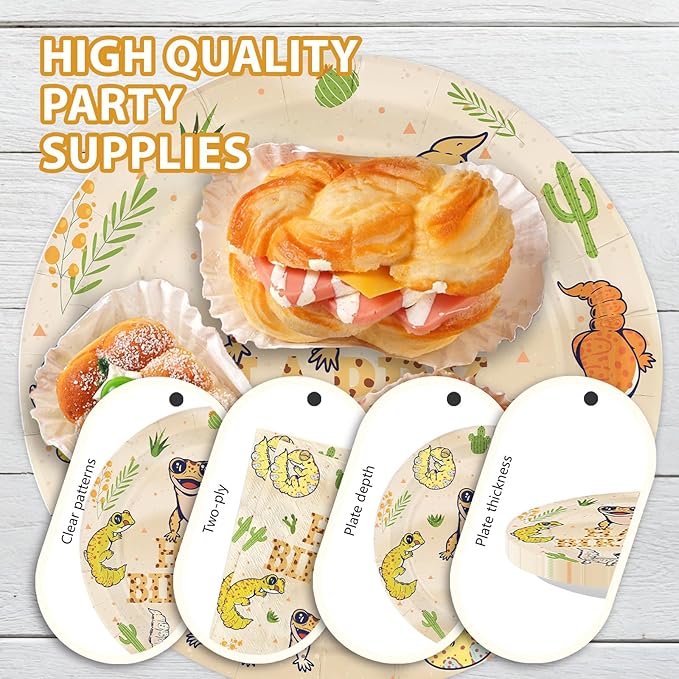96Pcs Leopard Gecko Birthday Decorations Reptile Plates and Napkins Safari Animals Decorations Favors for Kids Boys Birthday Baby Shower Reptile Theme Party Supplies Serves 24