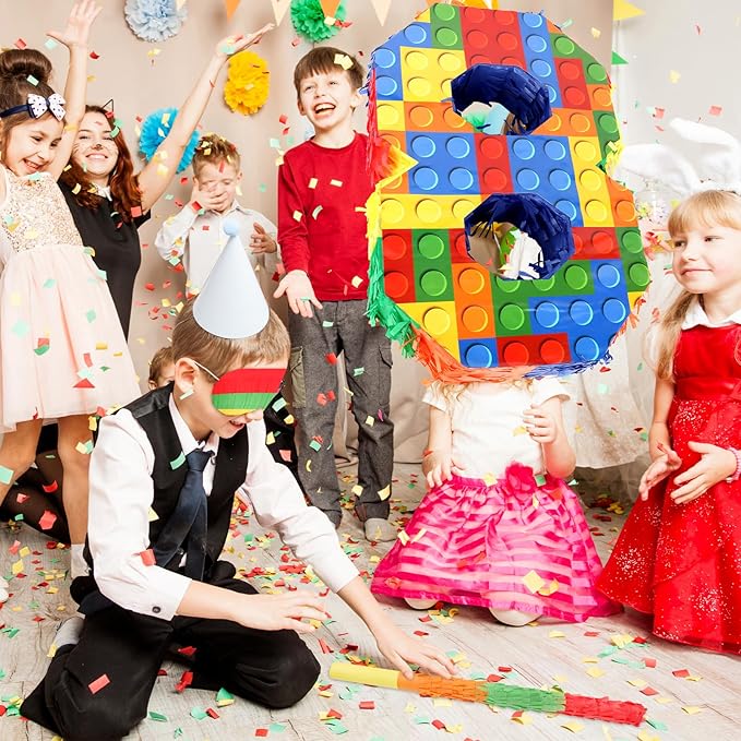 Number 8 Pinata with Blindfold and Bat Stick Building Block 8th Birthday Decorations for Kids Boys Girls Building Block Birthday Party Games Number Pinata for Fiesta
