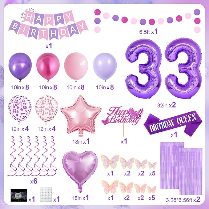 33rd Purple Birthday Decorations for Women, Pink and Purple Happy 33 Birthday Party Decorations with Happy Birthday Banner, Number Foil Balloons, Butterfly Cake Topper for 33rd Party Supplies
