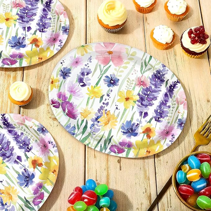 50Pcs Spring Floral Oval Paper Plates 10" x 12" Large Heavy Duty Disposable Flower Vintage Dessert Themed Plates for Spring Summer Floral Holiday Wedding Party Supplies Decorations
