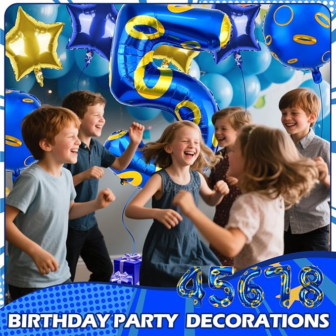40 Inch Blue and Golden Ring Themed Number Balloon, Number Block Foil Number 5 Balloons Large Big Numbers Helium Balloon for Girls Boys 5th Birthday Theme Party Decorations (Number 5)
