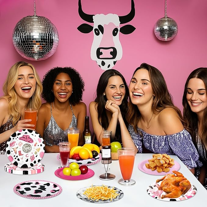 48 Pcs Disco Cowgirl Party Paper Plates, 9" 7" Hot Pink Cow Print Disco Ball Disposable Dessert Plates for Birthday, Baby Shower, Wedding, Western Last Rodeo Bachelorette Party Decorations Supplies