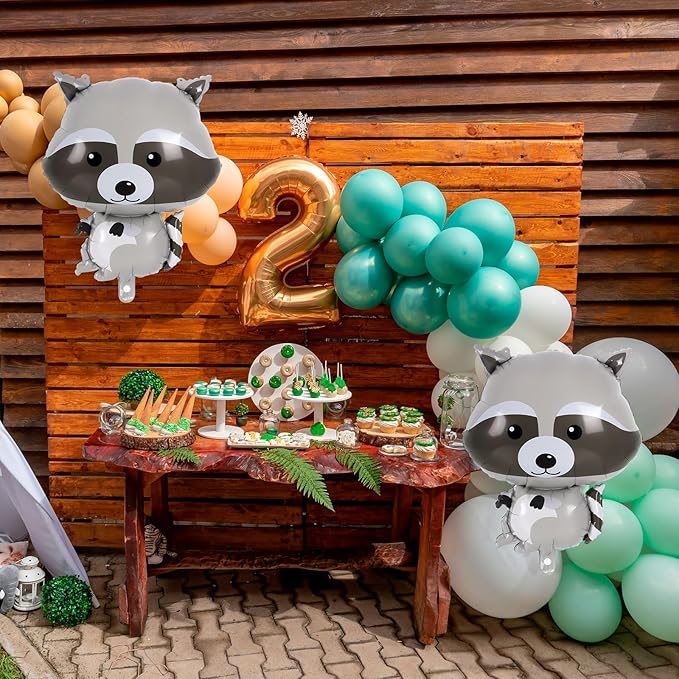Raccoon Balloons - 6 Pcs Cute Foil Balloons for Woodland Animal Themed Party, Camping, Birthday, Baby Shower