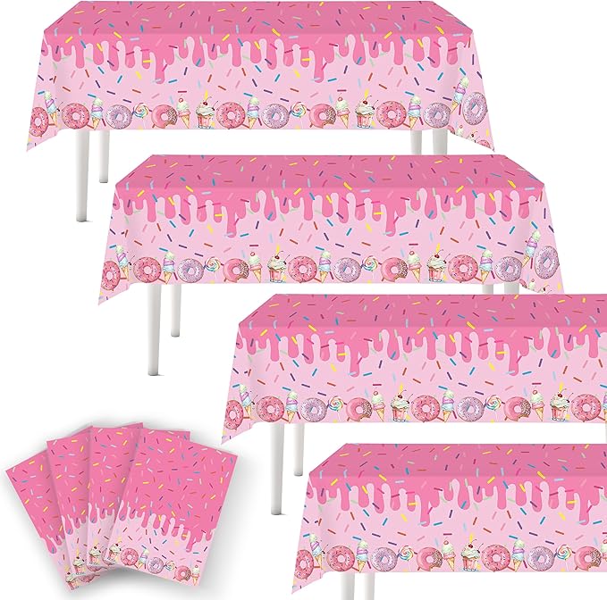 4Pcs Pink Donut Ice Cream Tablecloth Party Decorations for Baby Girl Sweet One Dessert Time Party Supplies, Ideal for Girl Birthday Parties, Baby Showers, Birthday Donut Themed Decorations