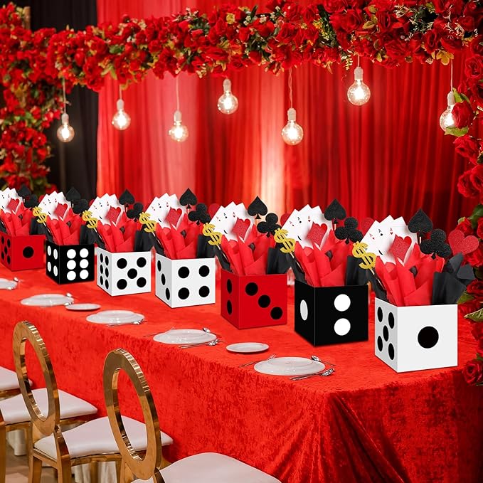 Zhanmai 24 Set Casino Theme Party Decorations 6 x 6 x 6 Inch Paper Poker Boxes Casino Centerpiece Sticks for Table Game Theme Night Decoration Gift Box for Poker Birthday Party Supplies