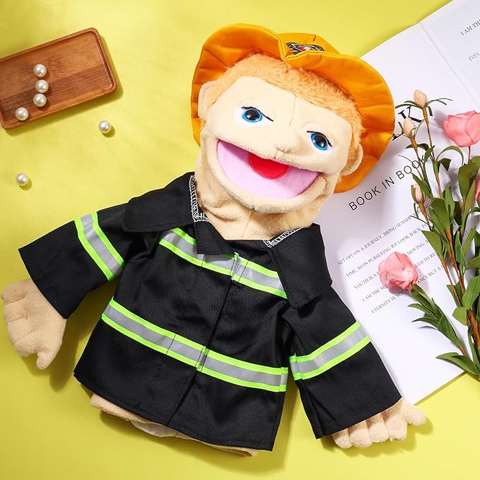 Role Play Hand Puppets Hand Plush Chef Doctor Fireman Pirate Detective Athlete Nurse Worker Hand Puppet Toys Puppets for Kids Storytelling Imaginative Pretend Play Teaching Preschool(Fireman)